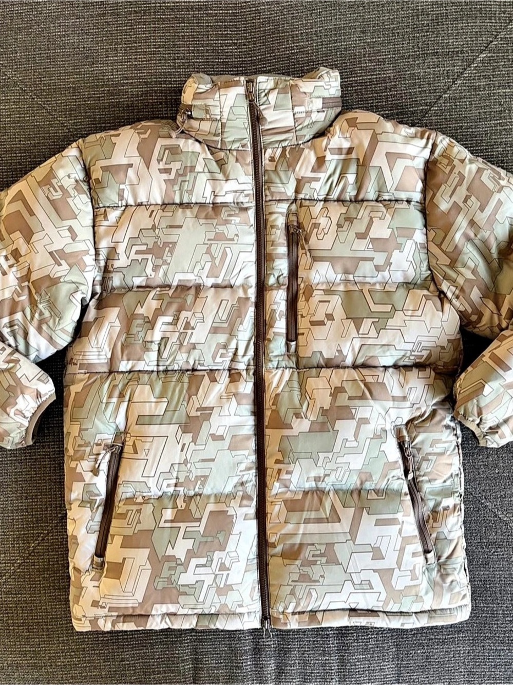 Stussy Micro Ripstop Down Jacket Geometric Puffer Jacket in Brown & Green Size